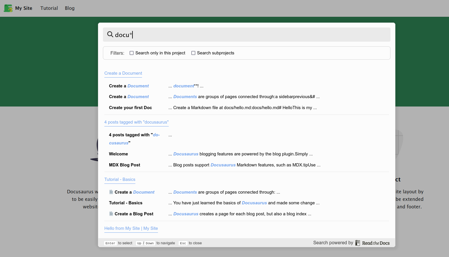 A screenshot of the upcoming search dialogue running on Docusaurus